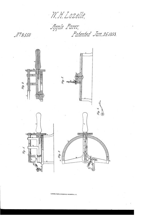 Technical patent drawing showing five views of a cast-iron apple-paring machine, including a semicircular gear rack, a vertical lever handle, a rotary fork with prongs, and a curved spring-loaded knife arm.