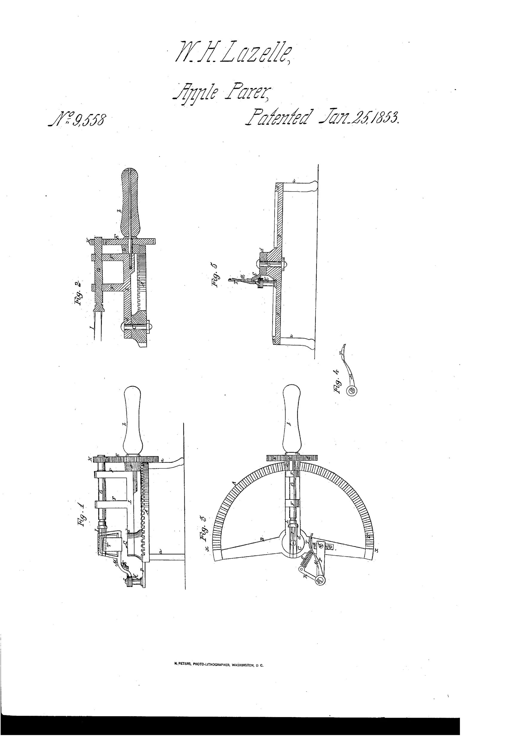 Technical patent drawing showing five views of a cast-iron apple-paring machine, including a semicircular gear rack, a vertical lever handle, a rotary fork with prongs, and a curved spring-loaded knife arm.
