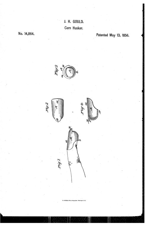 Patent drawing showing a metal thimble worn on a human finger, with a curved artificial fingernail attached to its upper forward end, along with separate top, end, and cross-sectional views of the thimble.
