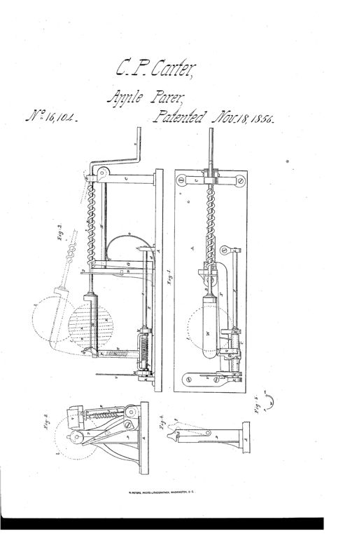 Patent drawing of an 1856 apple-paring machine showing a hand-crank driven shaft, a sliding carriage with paring and slicing knives, a coiled return spring, and a semicylindrical apple holder, illustrated in plan, side, and end views with detail figures of the latch and holder.