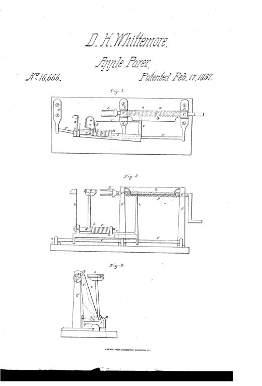 Three mechanical drawings of a 19th-century hand-cranked apple parer showing a top view, side elevation, and end view with a curved slide rod, paring fork, knife carriage, screw shaft, and crank handle labeled with reference letters A through T.