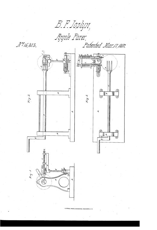 Patent drawing of a 19th-century apple-paring machine showing a base with uprights supporting a sliding mandrel and fork, a spring-loaded cutter rod with oblique serrated feed wheels, and a hand crank, illustrated in end, side, and top views.