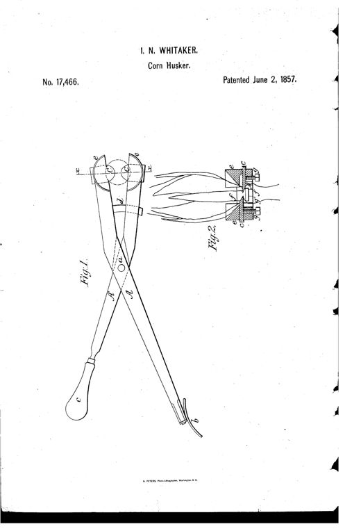 Patent drawing showing two crossing scissor-like levers with a handle at one end and semicircular cutting blades and curved flanges at the other, plus a detailed cross-section of the overlapping cutter jaws.