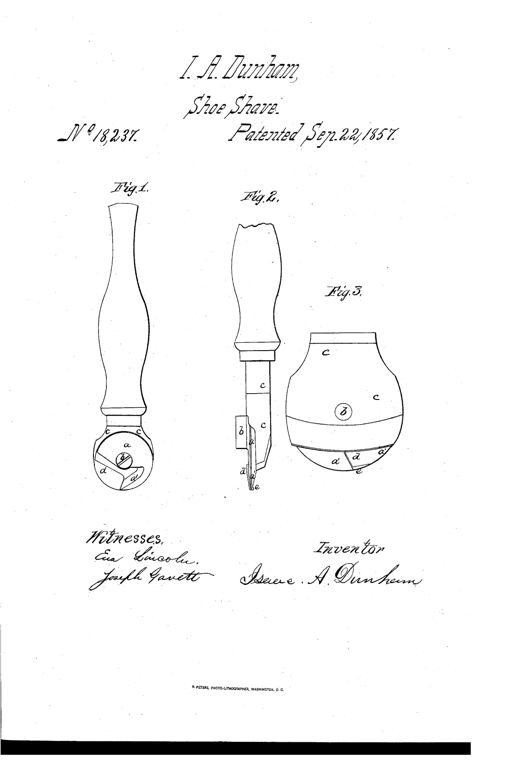 A slender wooden-handled hand tool ending in a small circular cutting head divided into a crescent blade and matching guard segment, shown from front, edge, and rear in three labeled technical drawings.