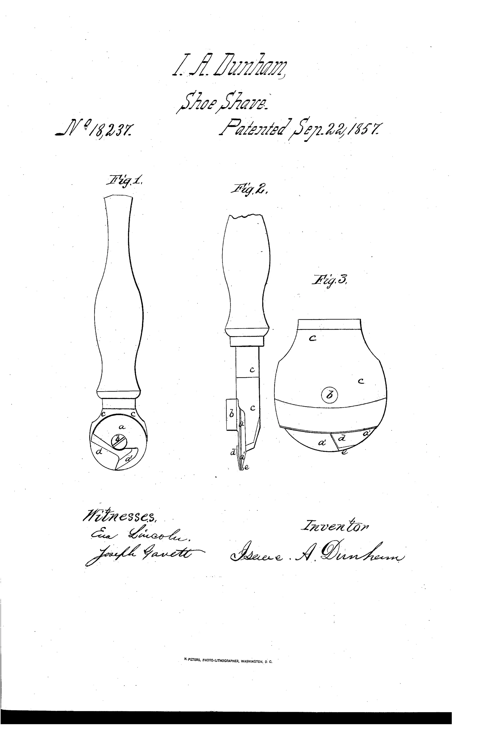 A slender wooden-handled hand tool ending in a small circular cutting head divided into a crescent blade and matching guard segment, shown from front, edge, and rear in three labeled technical drawings.