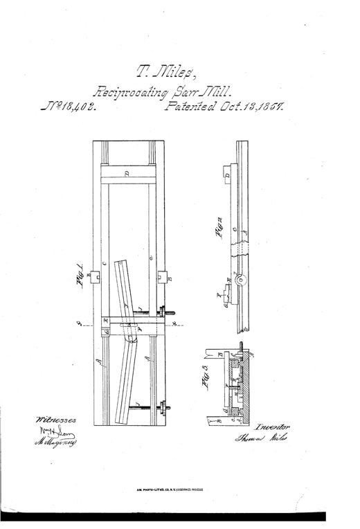 Line drawing of a reciprocating sawmill carriage showing a plan view with side rails, guide ribbons, and an adjustable tail block, alongside a side elevation and a cross-sectional detail of the guide mechanism.