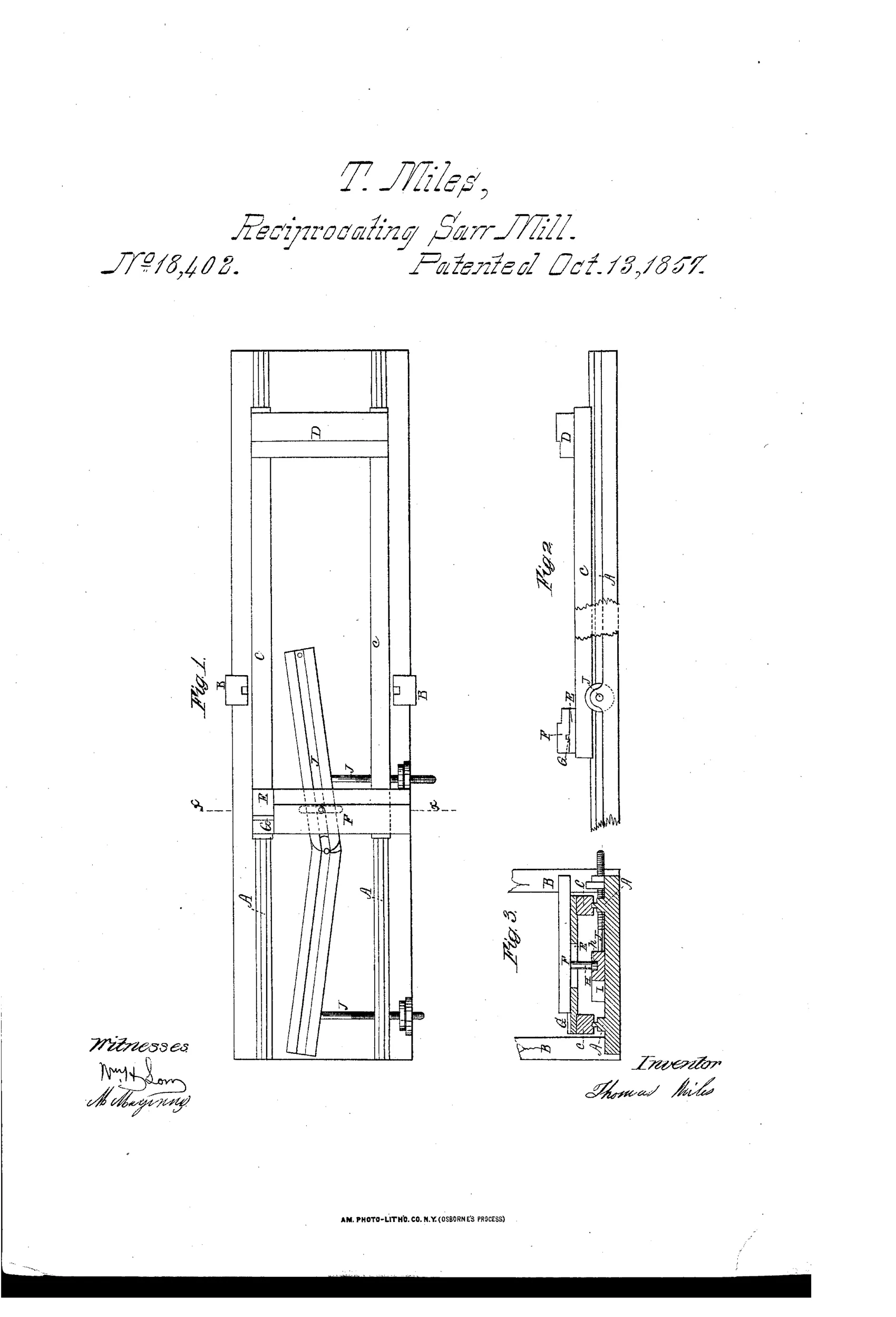 Line drawing of a reciprocating sawmill carriage showing a plan view with side rails, guide ribbons, and an adjustable tail block, alongside a side elevation and a cross-sectional detail of the guide mechanism.