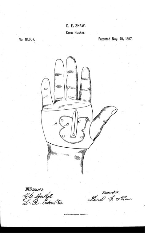 Line drawing of a right hand wearing a leather husking-palm strap across the palm, with a small iron plate labeled A, B, and C bearing a pointed steel tang riveted at its center, secured by a strap and buckle.