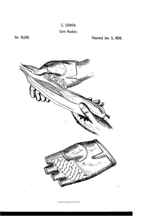 Two hand-drawn illustrations show a fingerless glove with a toothed metal shield on the palm being used to grip and strip husk from an ear of corn, with a separate detailed view of the glove itself showing rows of small teeth or pins.