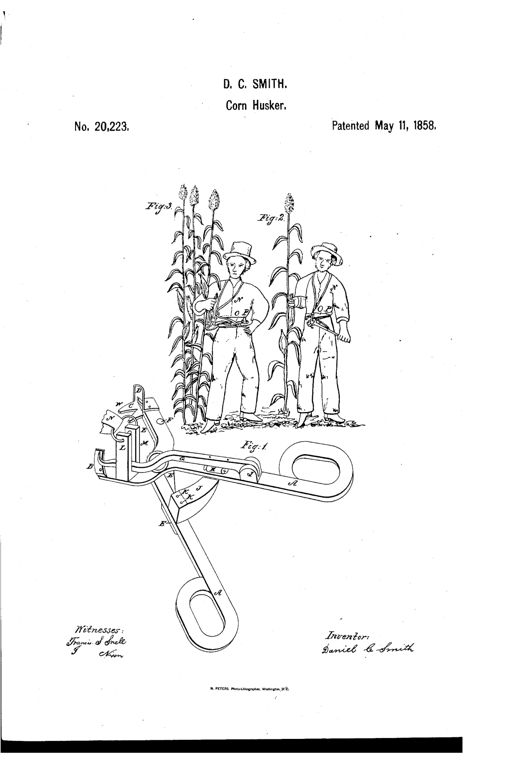 Patent drawing showing a hand-operated corn husking forceps tool with labeled parts including forceps, knife, spring, lever, and wedge, alongside two illustrations of a farmer wearing the strapped device while husking corn stalks in a field.