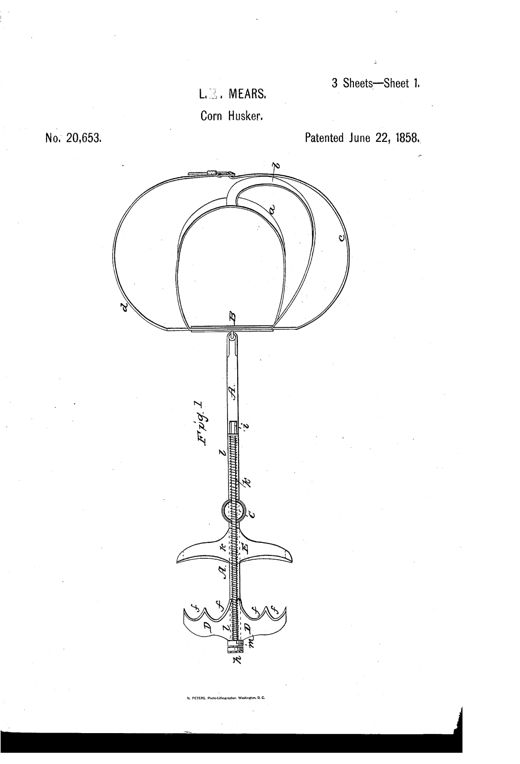 Patent drawing of a hand-operated corn husker with a long bar attached to a curved breast-shield and shoulder straps, ending in a slider with a serpentine cutting blade and stalk-supporter.
