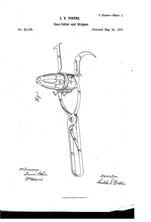 Line drawing of a hand-operated cane stripper and cutter with a long scissor-like spring handle, a divided ring clasp holding curved spring-cutters at the top, a small hooked knife, and a straight topping knife.