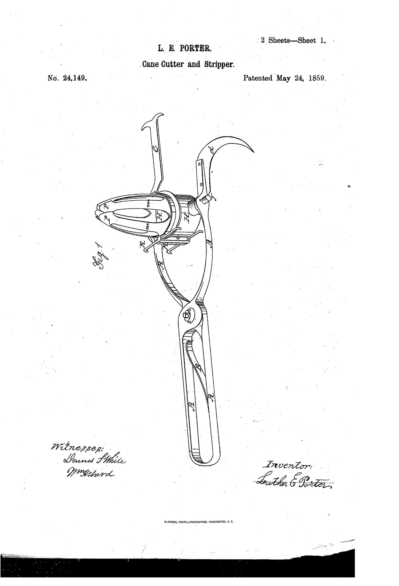 Line drawing of a hand-operated cane stripper and cutter with a long scissor-like spring handle, a divided ring clasp holding curved spring-cutters at the top, a small hooked knife, and a straight topping knife.