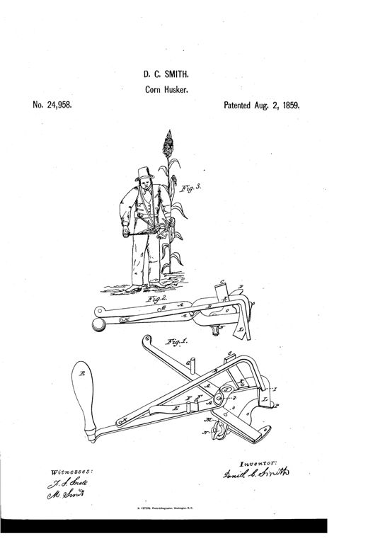 Patent drawing showing a man in a top hat and suit holding an ear of corn with a strapped forceps-style husking tool, alongside detailed mechanical views of the forceps, lever, spring, knife, and fork components of the husking machine.