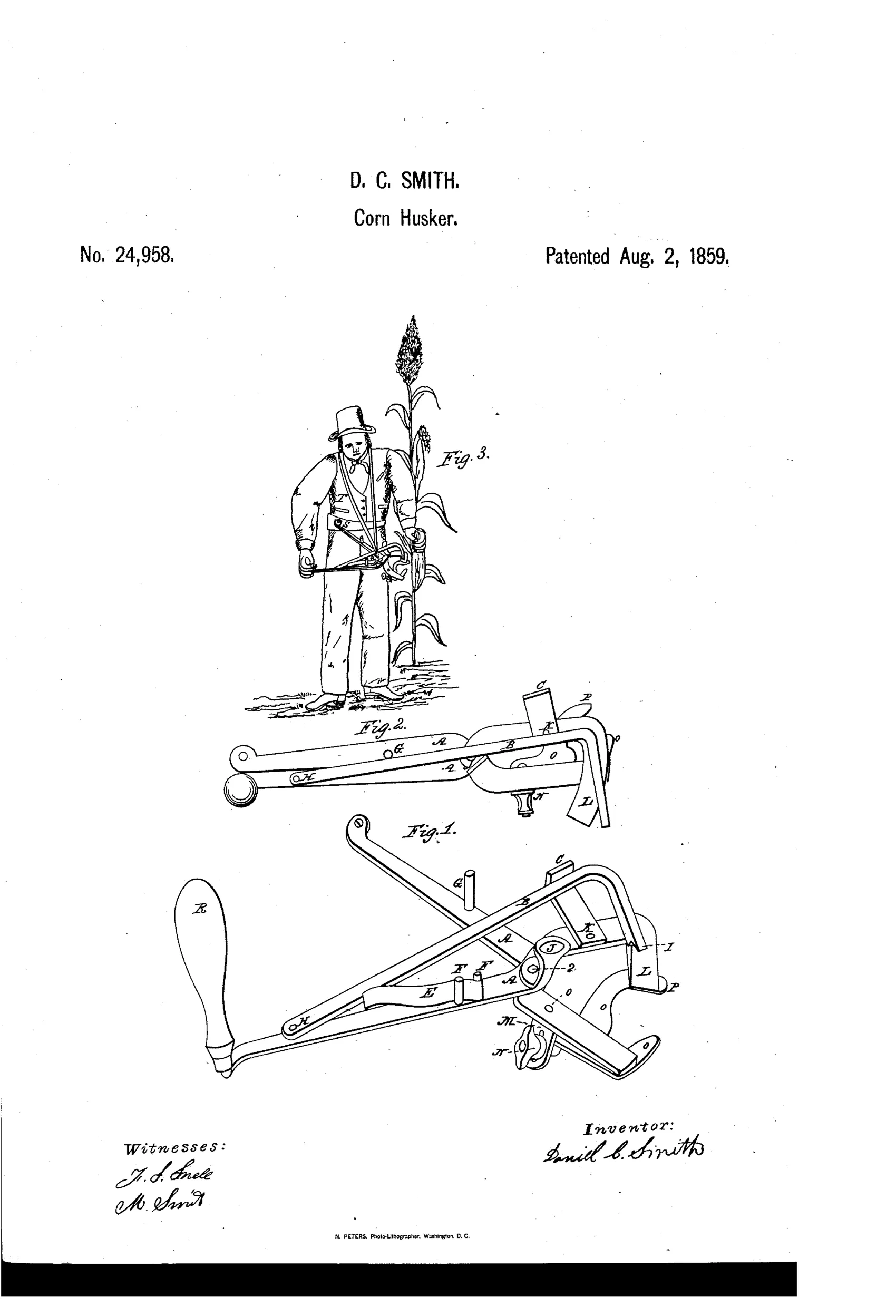 Patent drawing showing a man in a top hat and suit holding an ear of corn with a strapped forceps-style husking tool, alongside detailed mechanical views of the forceps, lever, spring, knife, and fork components of the husking machine.