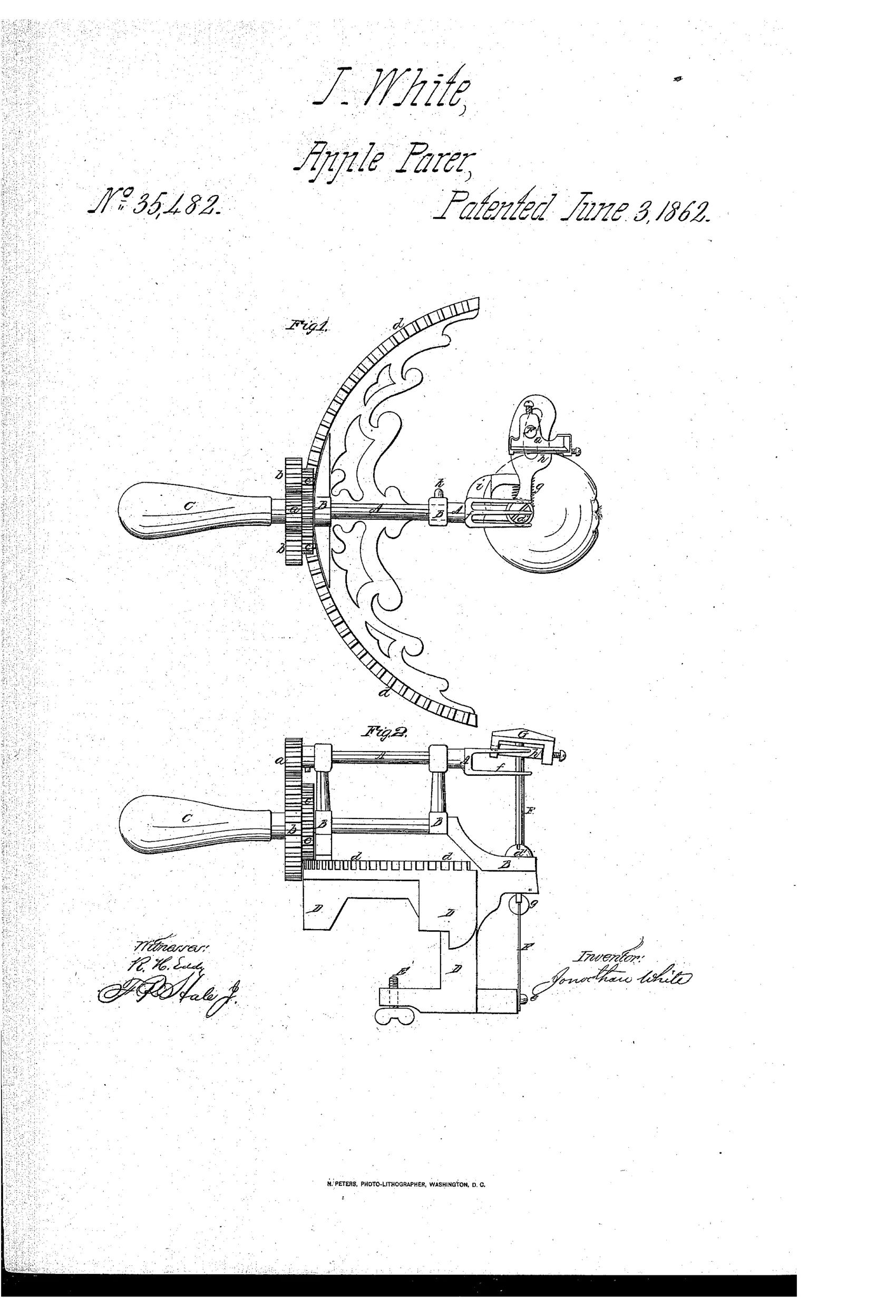 Line drawing of a hand-cranked cast-iron apple parer showing a curved toothed sector, gear train, hand crank handle, and a rotating knife mechanism, with a second side-view drawing showing the clamping base and vibratory frame.