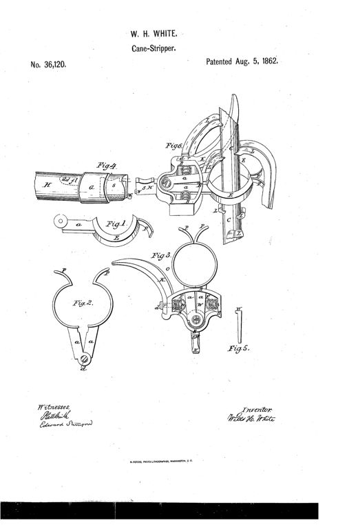 Patent drawing showing six figures of a hand-operated sugar-cane cutting tool with two spring-loaded semicircular knives, a curved side knife, a socket-ferrule for a long handle, and a small key, with one figure depicting the assembled device clamped around a leafy cane stalk.