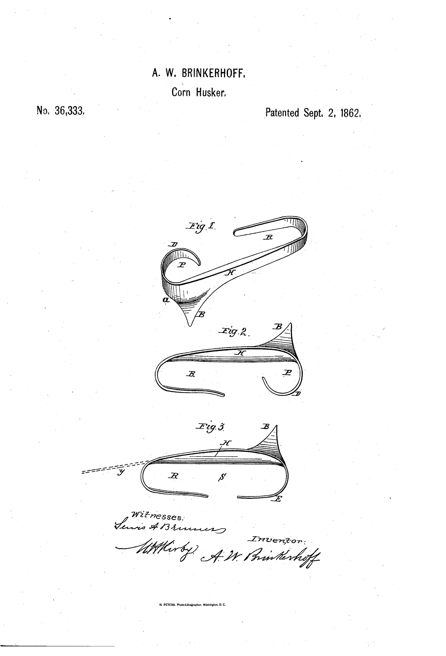 Three line drawings of a curved metal hand-worn corn husking device, each showing a clasp shaped to fit around the fingers with a pointed hooking-tooth labeled B, and lettered parts D, P, H, R, S, and E indicating the clasp, opening, and tooth in different configurations for bare hand, gloved, and mitten use.