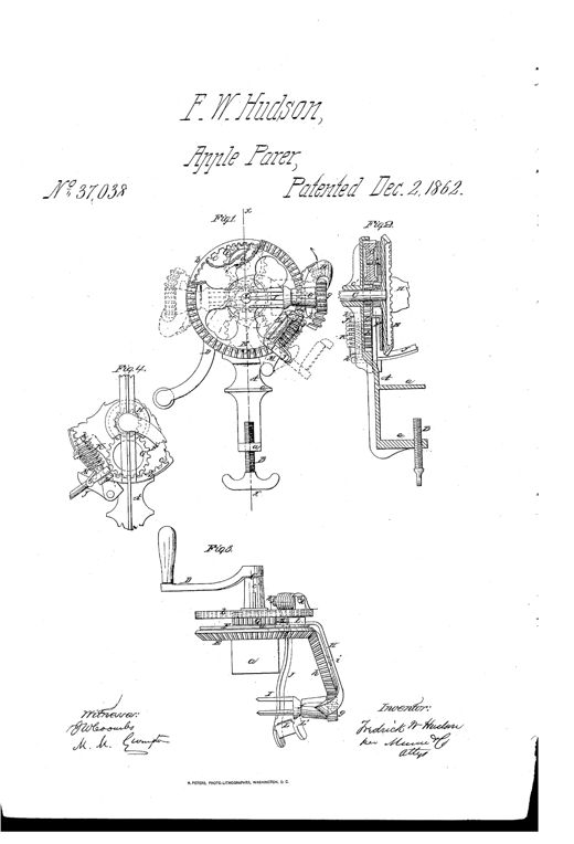 Patent drawing of a hand-cranked cast-iron apple parer showing a circular gear mechanism, rotating fork, and spring-loaded knife arm mounted on an upright post with a clamp screw at its base.