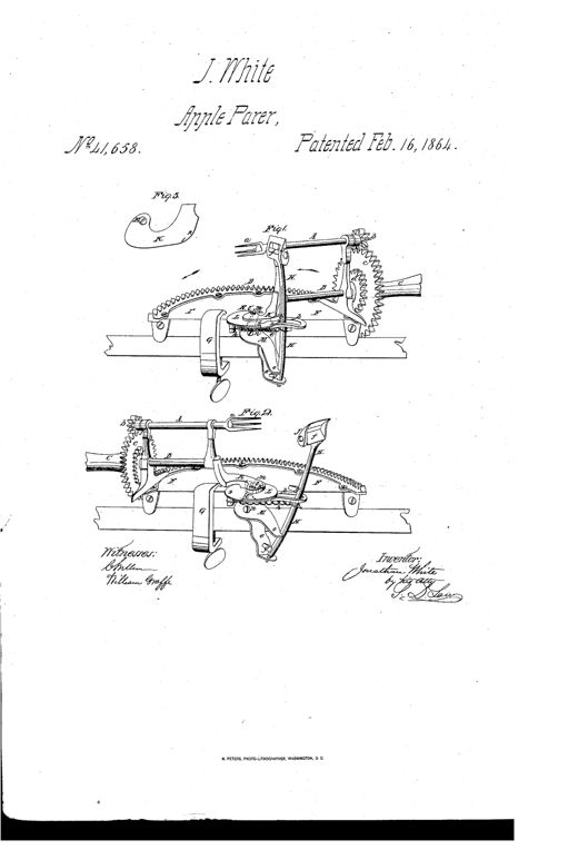 Patent drawing of a hand-cranked cast-iron apple parer showing a forked mandrel, geared arc sector, cam-driven knife arm, and clamp base, with two operating positions and a detail view of the cam plate.