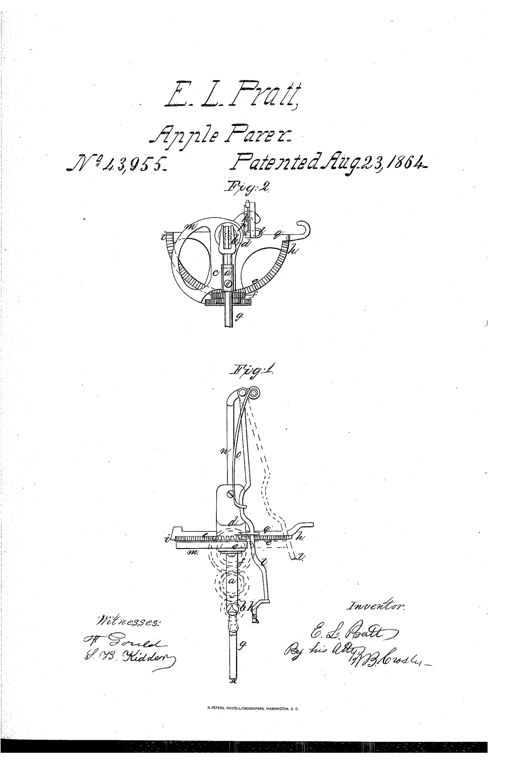 Two patent line drawings of a 19th-century cast-iron apple-paring machine: Fig. 2 shows a front view with a semicircular gear rack, rotating fork, and curved knife arm; Fig. 1 shows a plan view of the same mechanism with labeled gears, cam, knife-rod, and handle, including dotted lines indicating the knife's swing path.