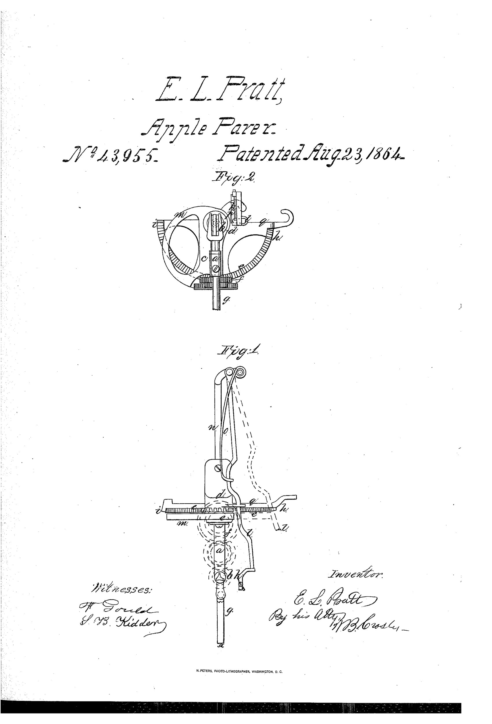 Two patent line drawings of a 19th-century cast-iron apple-paring machine: Fig. 2 shows a front view with a semicircular gear rack, rotating fork, and curved knife arm; Fig. 1 shows a plan view of the same mechanism with labeled gears, cam, knife-rod, and handle, including dotted lines indicating the knife's swing path.