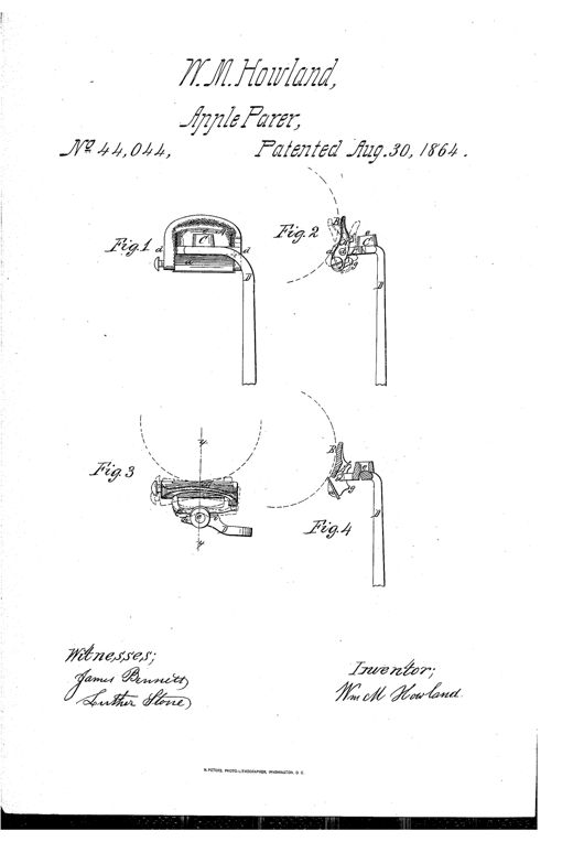Four mechanical drawings labeled Fig. 1 through Fig. 4 showing a cast metal knife-stock with a curved bent arm, pivot joints, and a small lipped knife blade, viewed from front, end, top, and in cross-section.