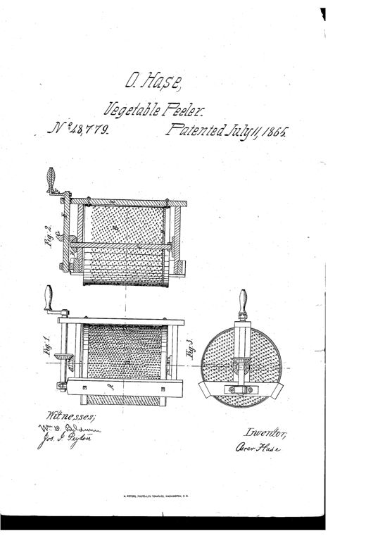 Line drawing of a hand-cranked cylindrical machine with a wooden frame, showing a punctured metal cylinder, an internal rotating disk on a vertical shaft, and a crank handle connected via bevel gears, depicted in front, sectional, and top views.