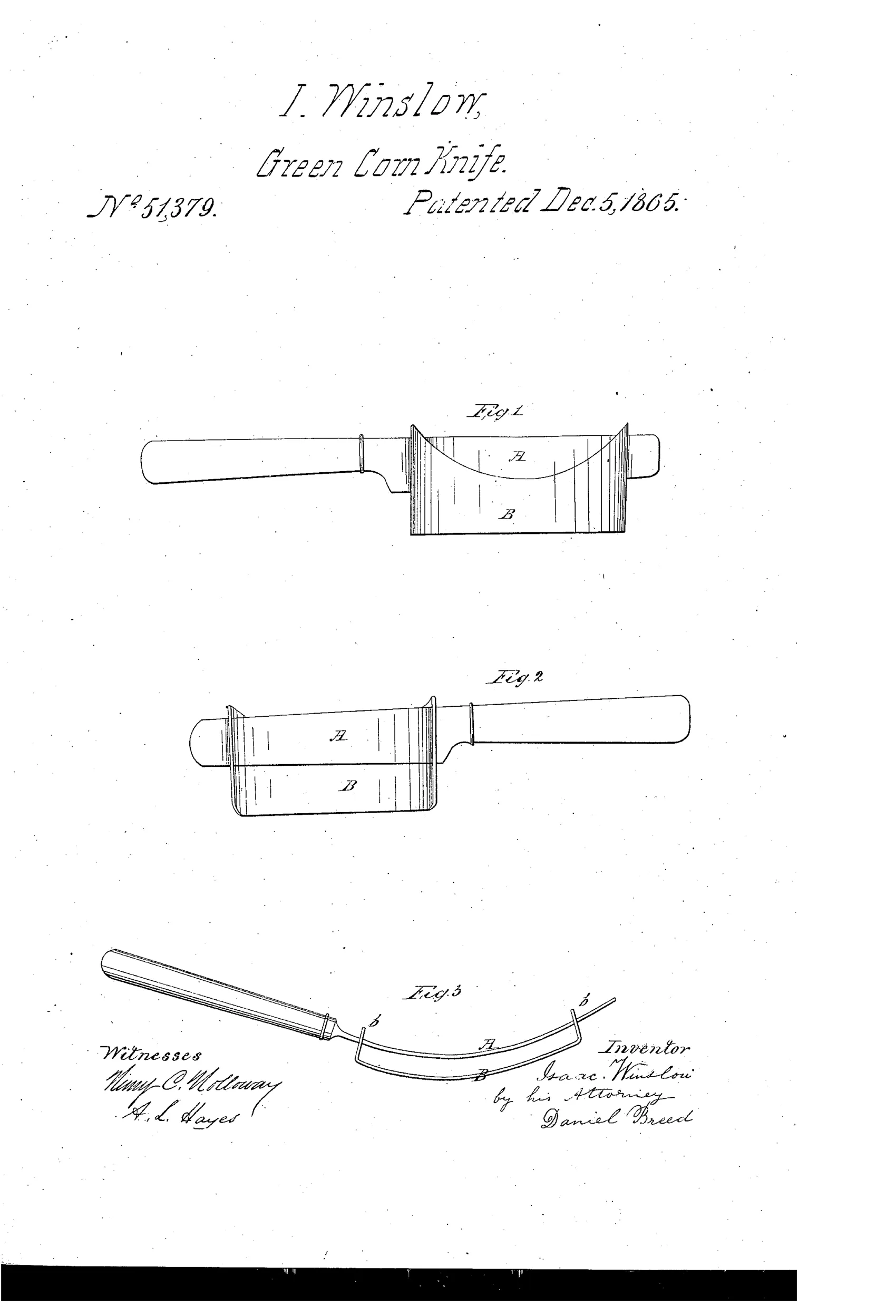 Patent drawing showing three views of a curved kitchen knife with a wooden handle and an attached broad tin gage plate used to guide cutting depth when removing kernels from a corn cob.