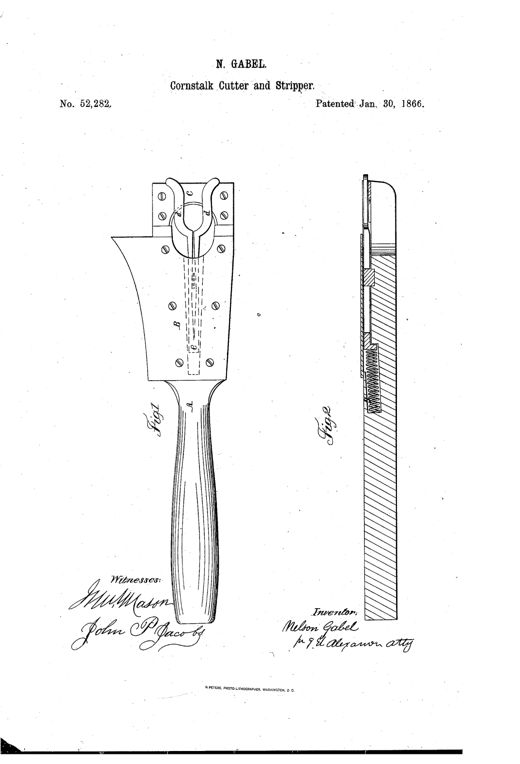 Patent drawing of a hand-held cornstalk cutter with a wooden handle, a forked concave cutting plate at the tip, and two diverging metal springs above it for stripping leaves, alongside a cross-section showing the internal spiral spring mechanism.