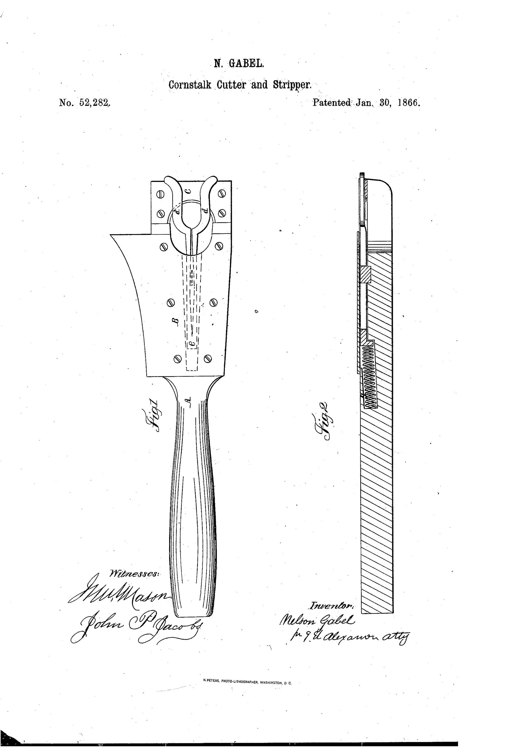 Patent drawing of a hand-held cornstalk cutter with a wooden handle, a forked concave cutting plate at the tip, and two diverging metal springs above it for stripping leaves, alongside a cross-section showing the internal spiral spring mechanism.
