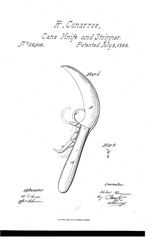 Patent drawing of a curved hook-bladed cane knife with a wooden handle, showing a pivoted spring jaw with a semicircular griper and forked ends near the blade's base, labeled with letters A through E and d, d prime, and w.