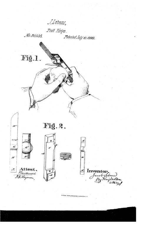 An engraving showing a hand gripping an adjustable paring knife while peeling a potato, above an exploded diagram labeling the handle, chamfered edge, adjustable gage, blade, and scoop components.