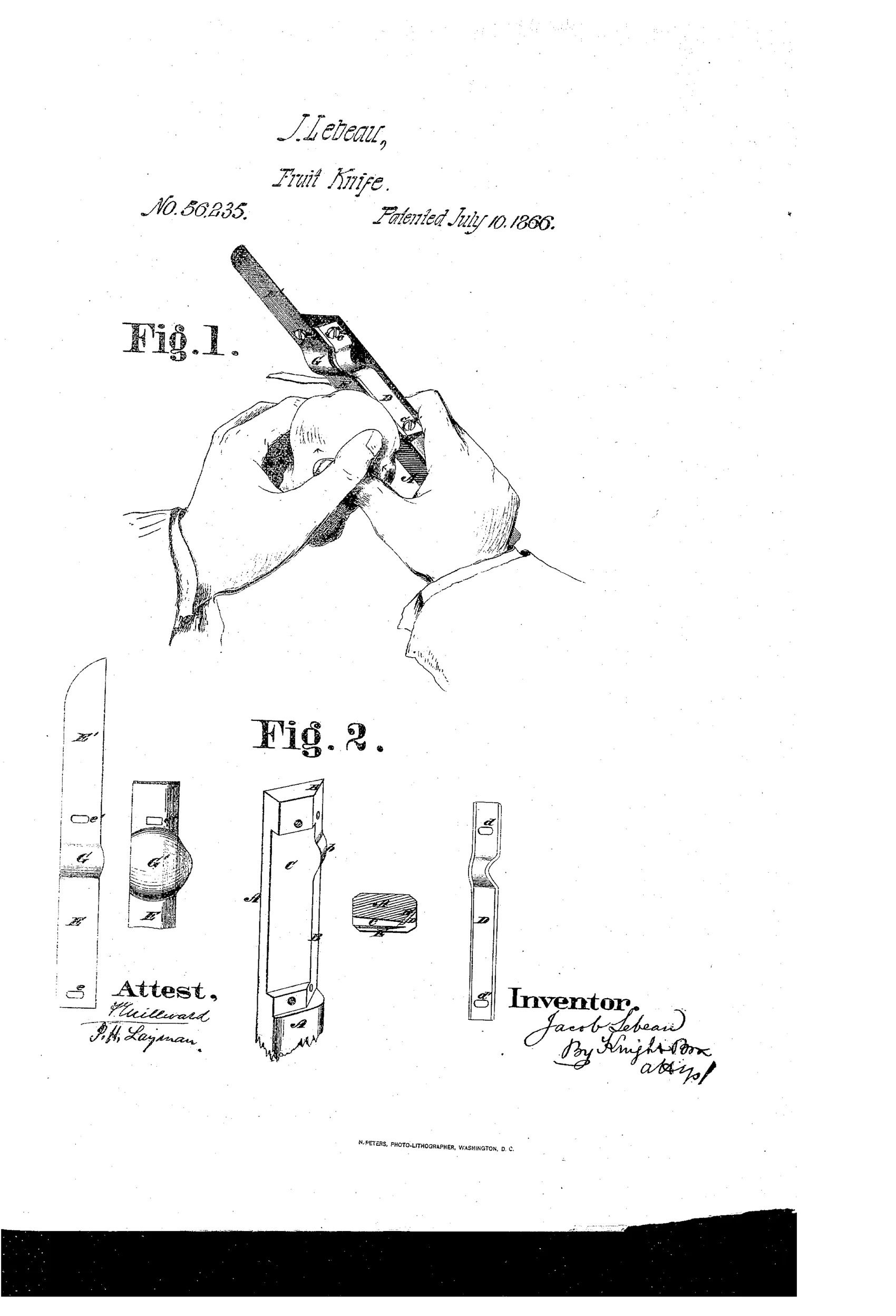 An engraving showing a hand gripping an adjustable paring knife while peeling a potato, above an exploded diagram labeling the handle, chamfered edge, adjustable gage, blade, and scoop components.