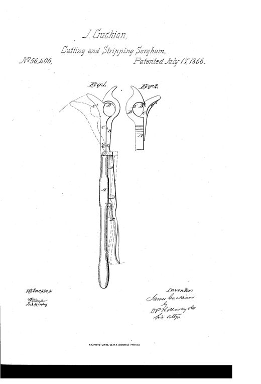 Patent drawing of a hand-held sorghum stripping and cutting tool showing a long wooden handle attached to a hooked fixed blade and a pivoting jaw blade controlled by a lever, with a second close-up view of the blade mechanism.