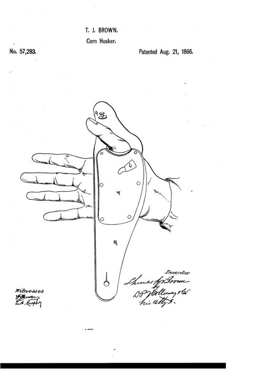 Drawing of a right hand wearing a metal palm plate labeled A strapped with a leather band labeled B, with a curved hook labeled C projecting toward the fingers and a button labeled D near the thumb.