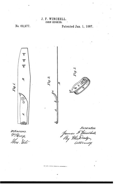 Patent drawing showing a metal husking plate with hook ends riveted to a leather strap, shown flat, in side profile, and buckled around fingers in use.