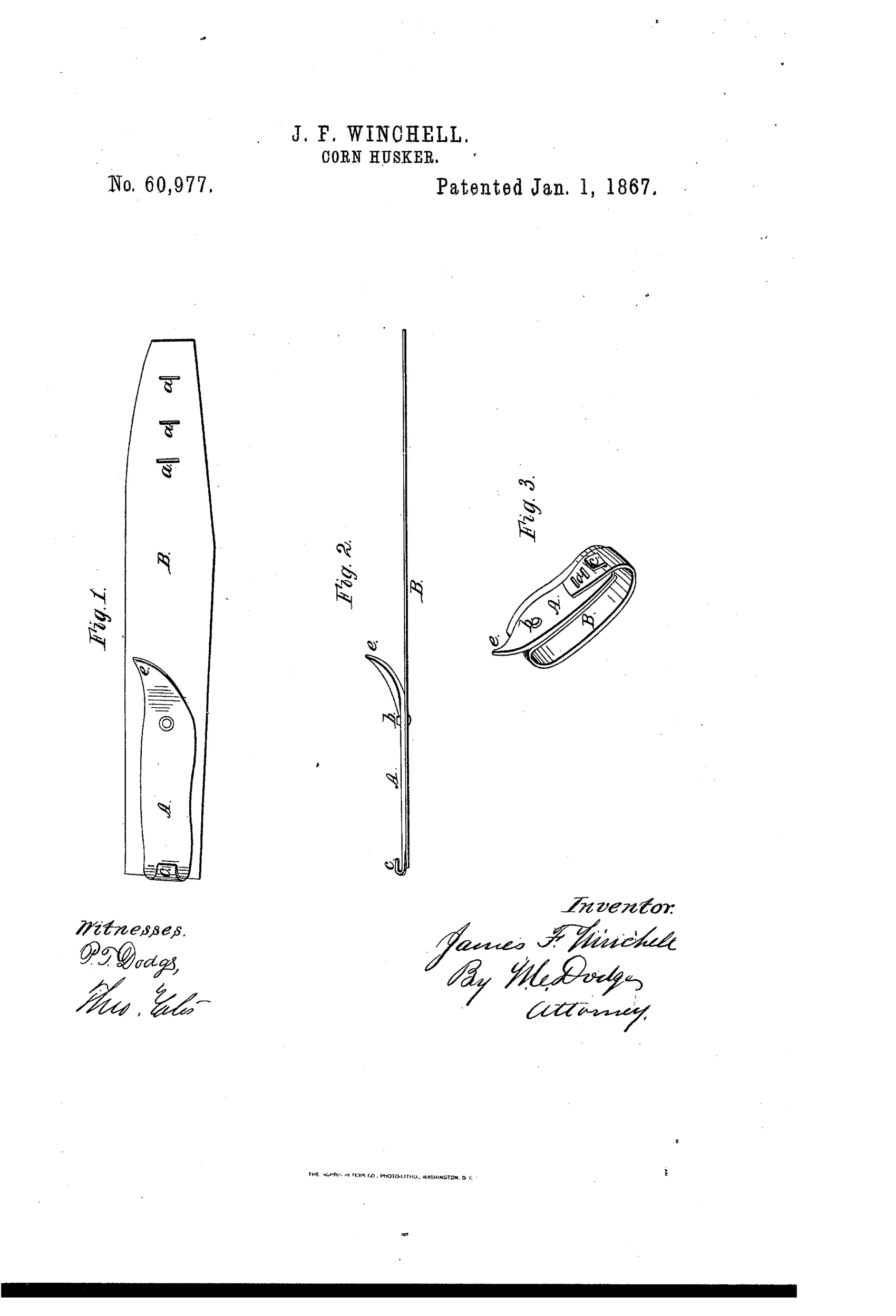 Patent drawing showing a metal husking plate with hook ends riveted to a leather strap, shown flat, in side profile, and buckled around fingers in use.