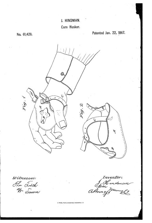 Two patent drawings show a leather hand-strap corn husker: one fitted onto a human hand with a curved steel hook near the thumb, and one detached showing the strap, buckle, and hook labeled A, B, C, D.