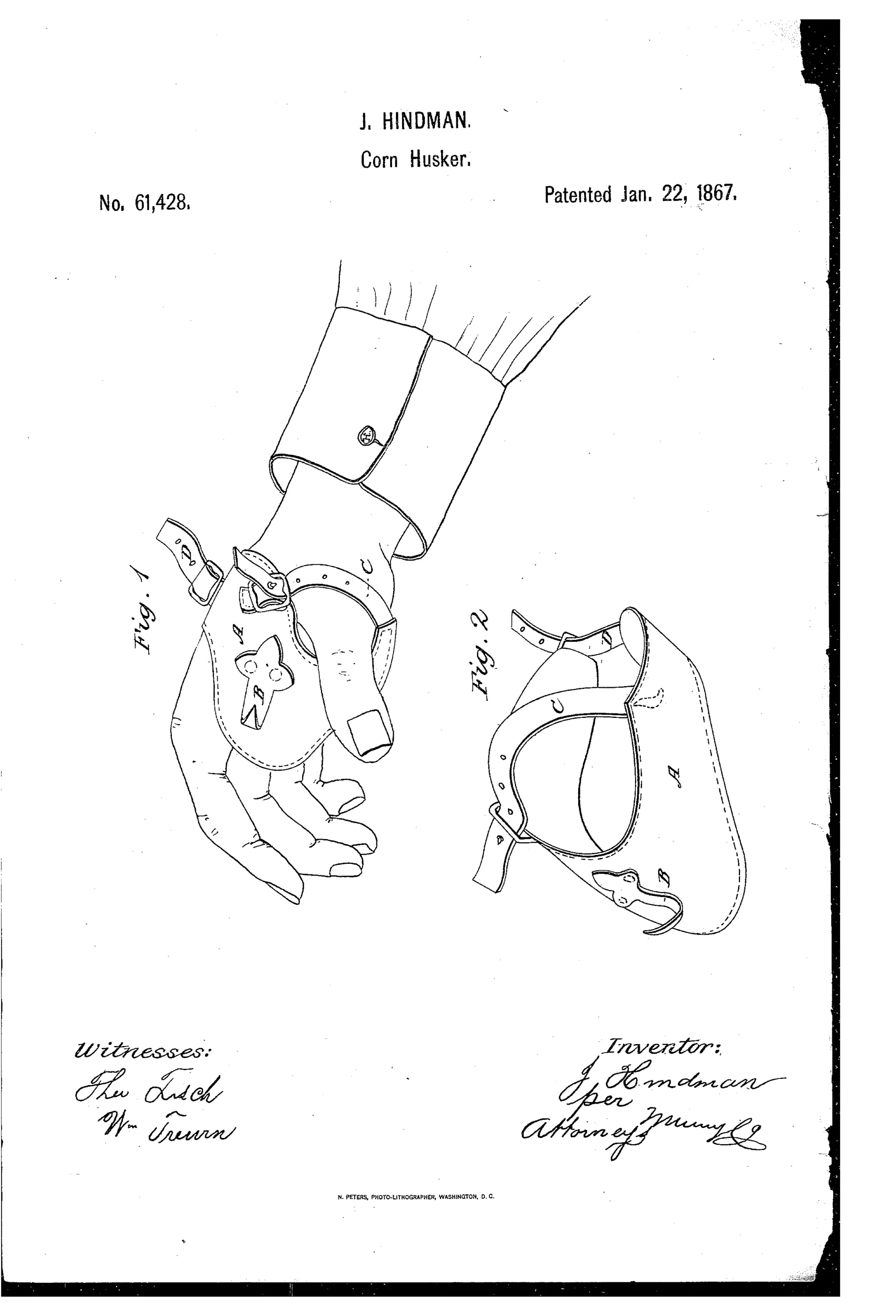 Two patent drawings show a leather hand-strap corn husker: one fitted onto a human hand with a curved steel hook near the thumb, and one detached showing the strap, buckle, and hook labeled A, B, C, D.