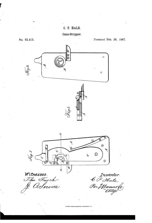 Patent drawing of a hand-operated sorghum cane stripper showing a stationary jaw with a curved scraping knife, a pivoting spring-loaded jaw with a matching knife, and a small topping knife attached to the rear, mounted on a flat metal plate with mounting holes.