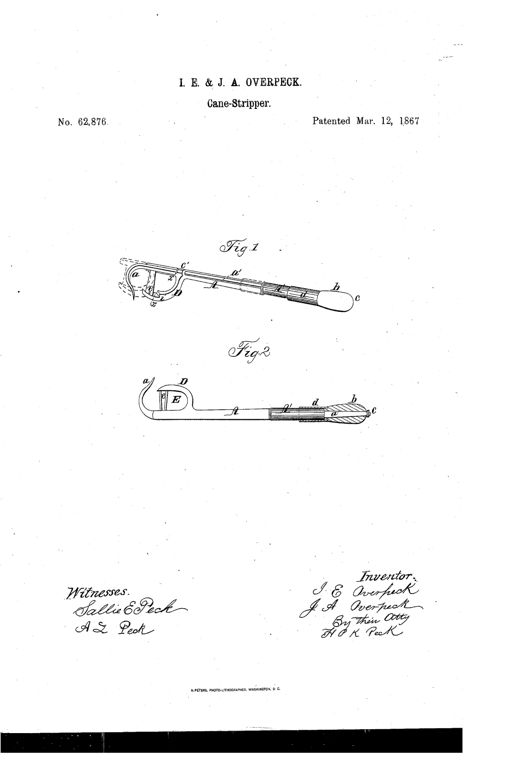 Line drawing of a hand-held sorghum stripper showing a curved metal hook and double-edged knife mounted on a sliding sheathed bar with a wooden handle, shown in two views labeled Fig. 1 and Fig. 2 with lettered reference parts.
