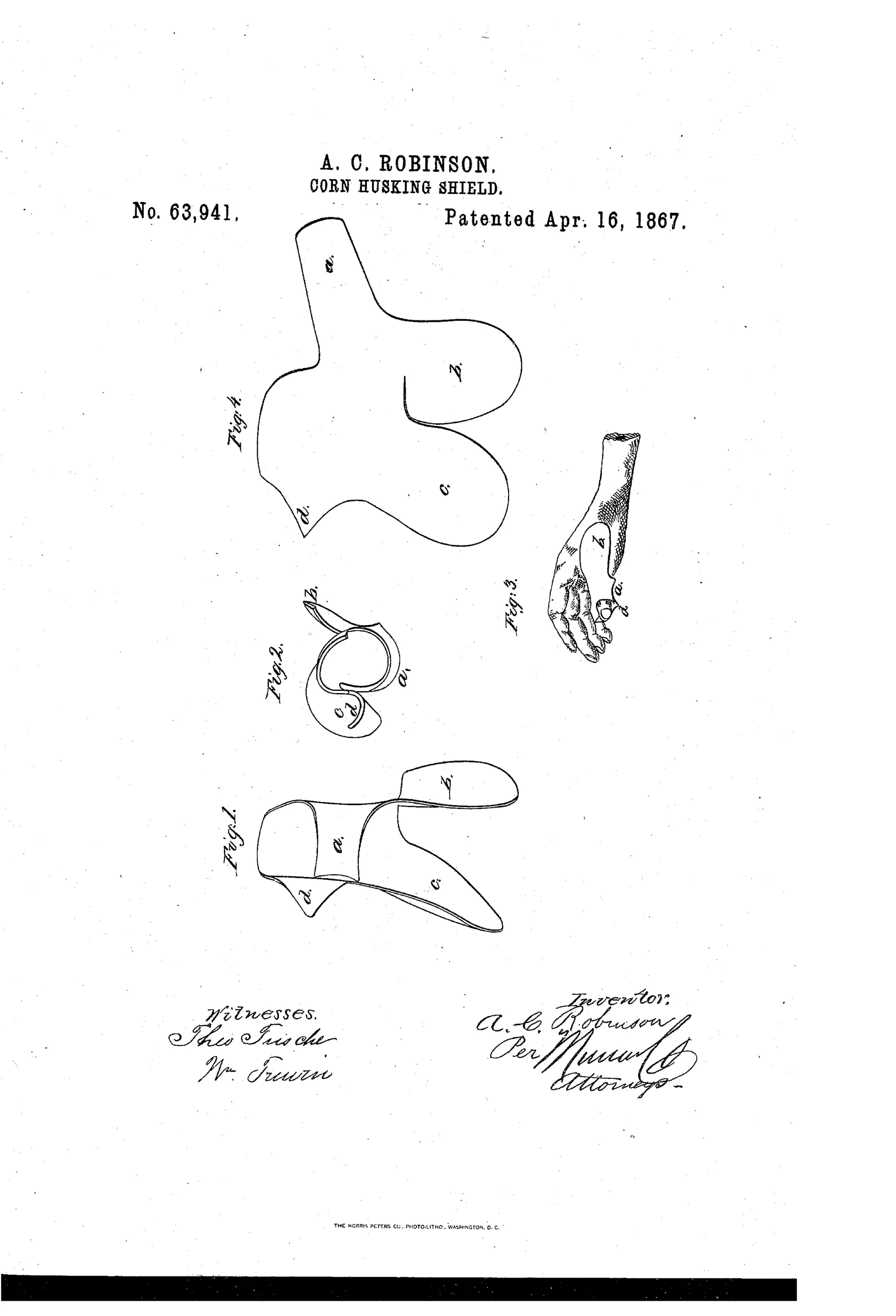 Patent drawing showing four figures: a flat curved sheet-metal pattern labeled a, b, c, d (Fig. 4); a small bent thumb guard (Fig. 2); a side view of the formed shield (Fig. 1); and a hand wearing the finished metal shield on the thumb (Fig. 3).