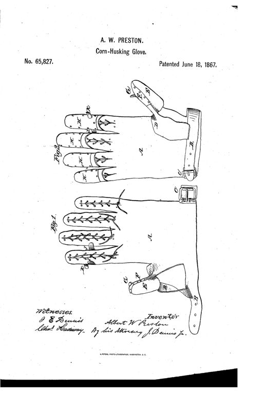 Patent drawing of a leather glove with metal-tipped fingers and thumb, a wrist strap and buckle, and small spurs at the fingertips for splitting corn husks, shown from both back and front views.