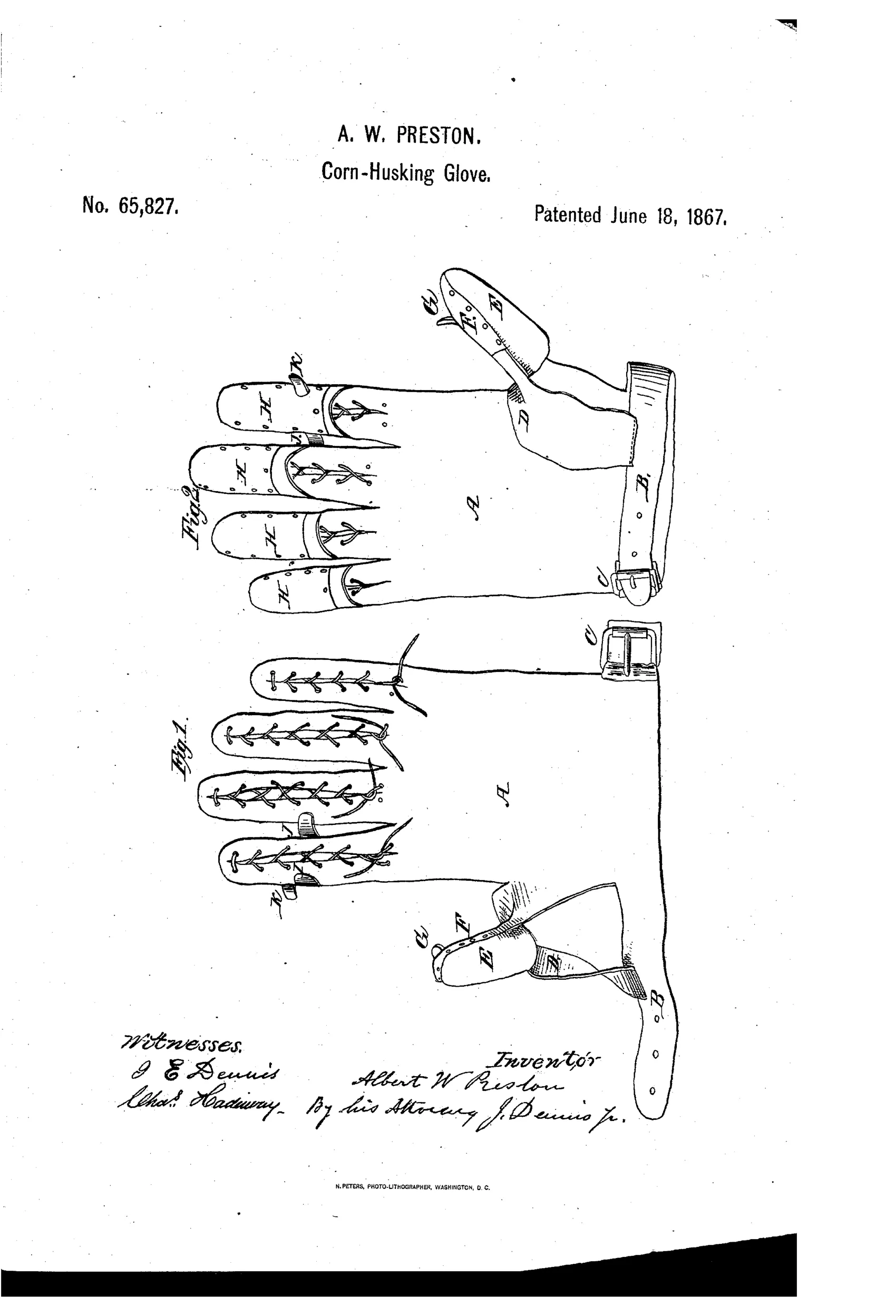 Patent drawing of a leather glove with metal-tipped fingers and thumb, a wrist strap and buckle, and small spurs at the fingertips for splitting corn husks, shown from both back and front views.