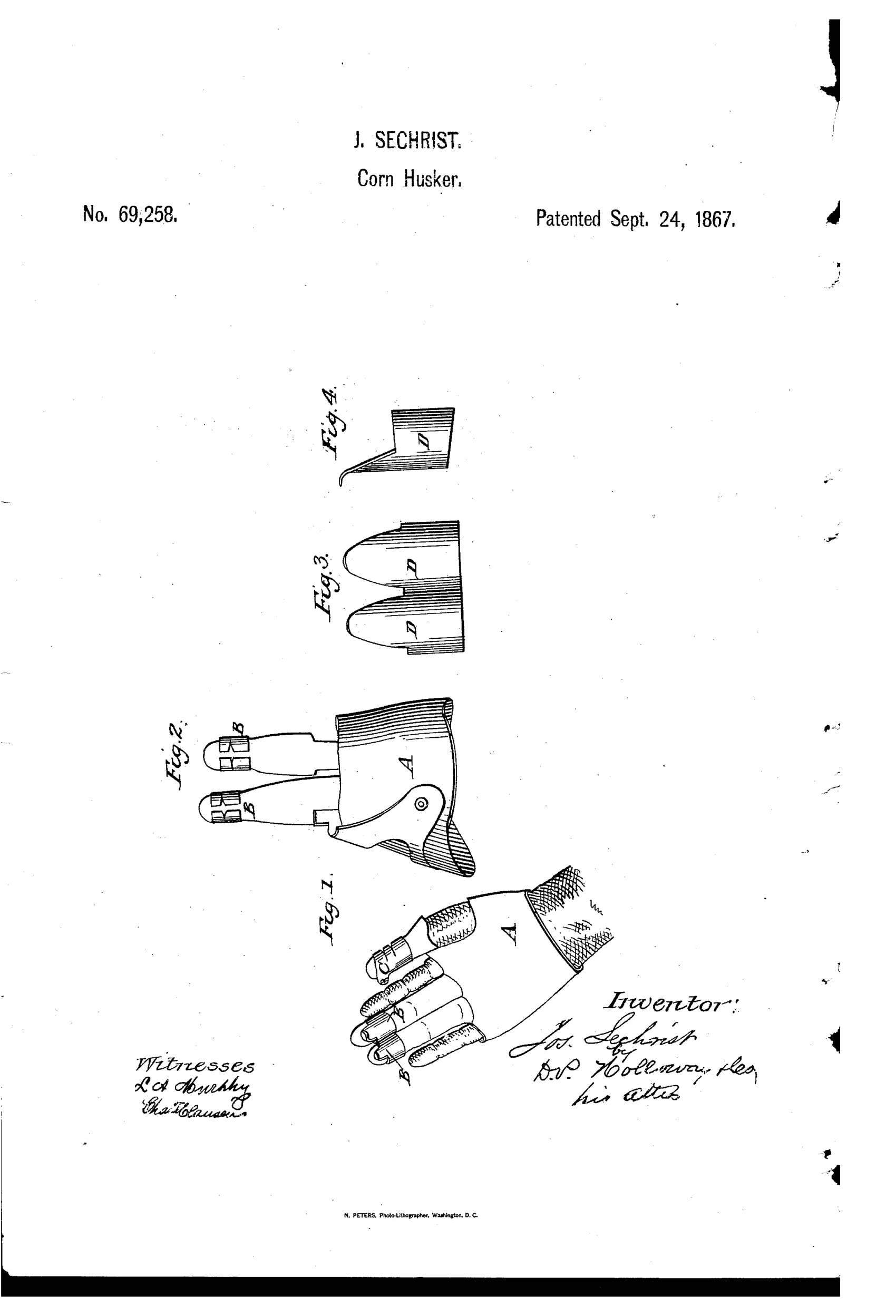 Patent drawing of a leather glove with metal tubular claws attached to the fingers and thumb for husking corn, shown both worn on a hand and as separate detached claw pieces.