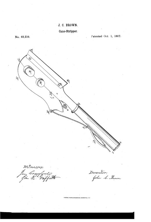Line drawing of a long-handled hand tool with two hinged jaws near the top, each jaw containing a circular edge-shaped opening for stripping cane, a blade at one end, and a cord with a leather loop running along the handle to a ring at the base.