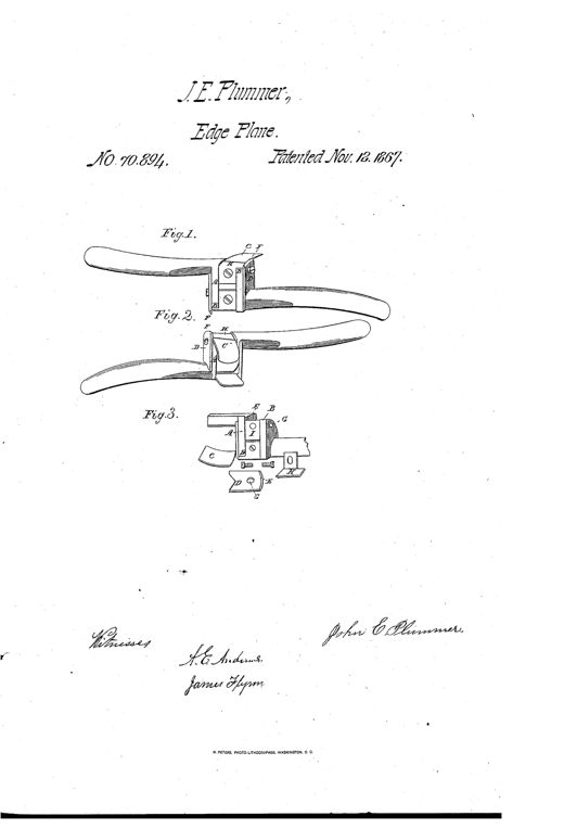 Patent drawing of a double-handled edge plane with a central cast stock holding interchangeable convex and concave cutters, guard plates, and a bent steel throat, shown assembled in Figures 1 and 2 and exploded in Figure 3.