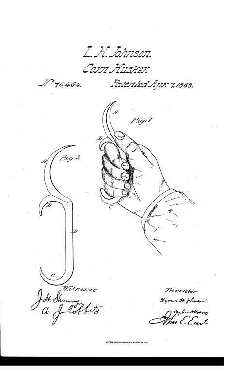 A drawing shows a hand gripping a curved hook-shaped corn husker with labeled points A, C, and D, alongside a separate side-view diagram of the same S-shaped tool.