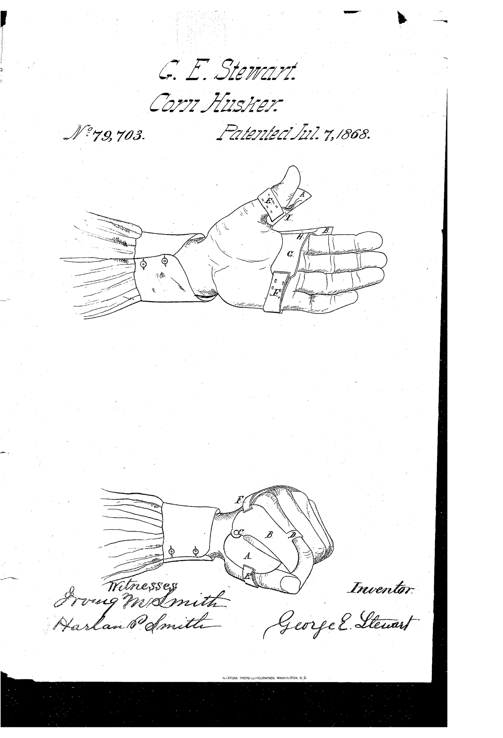 Two drawings of a human hand wearing a leather glove fitted with pivoted metal plates on the thumb and index finger, secured by curved straps, shown from the top in a closed fist and from the palm side with fingers open.